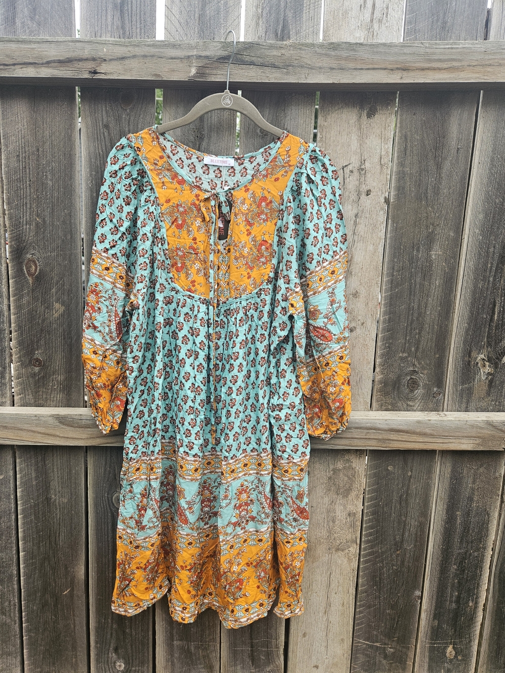 Boho Floral Midi Dress Size Medium Peasant Gypsy Tie Neck Flowy Teal Mustard NWT